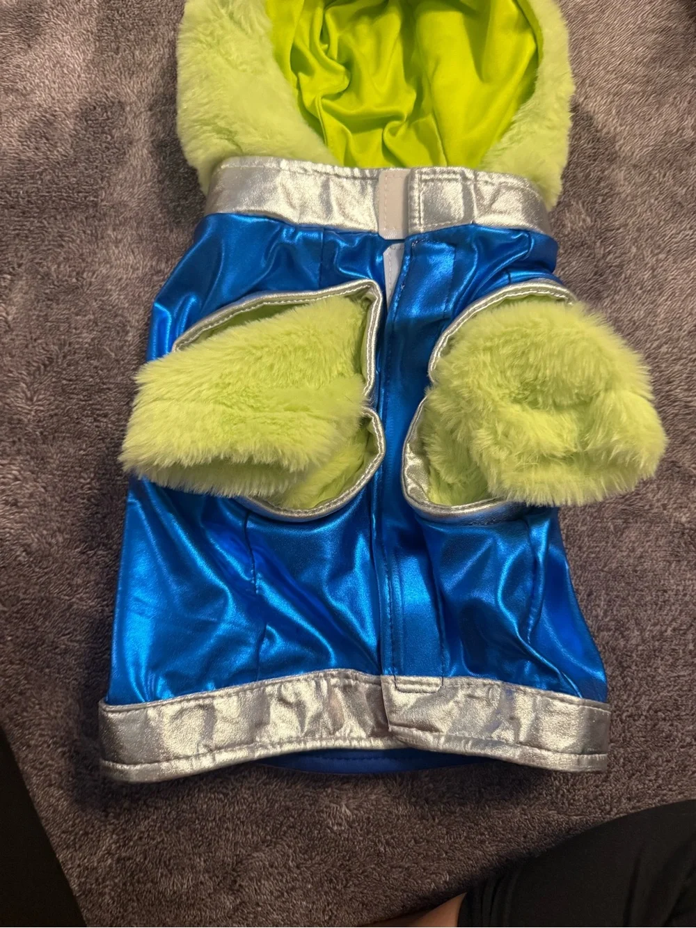 Pottery Barn Kids Lime Green Plush Alien Hoodie with Blue 'I Come in Peace' Cape